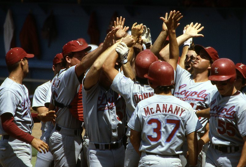 A photo of LMU baseball players.