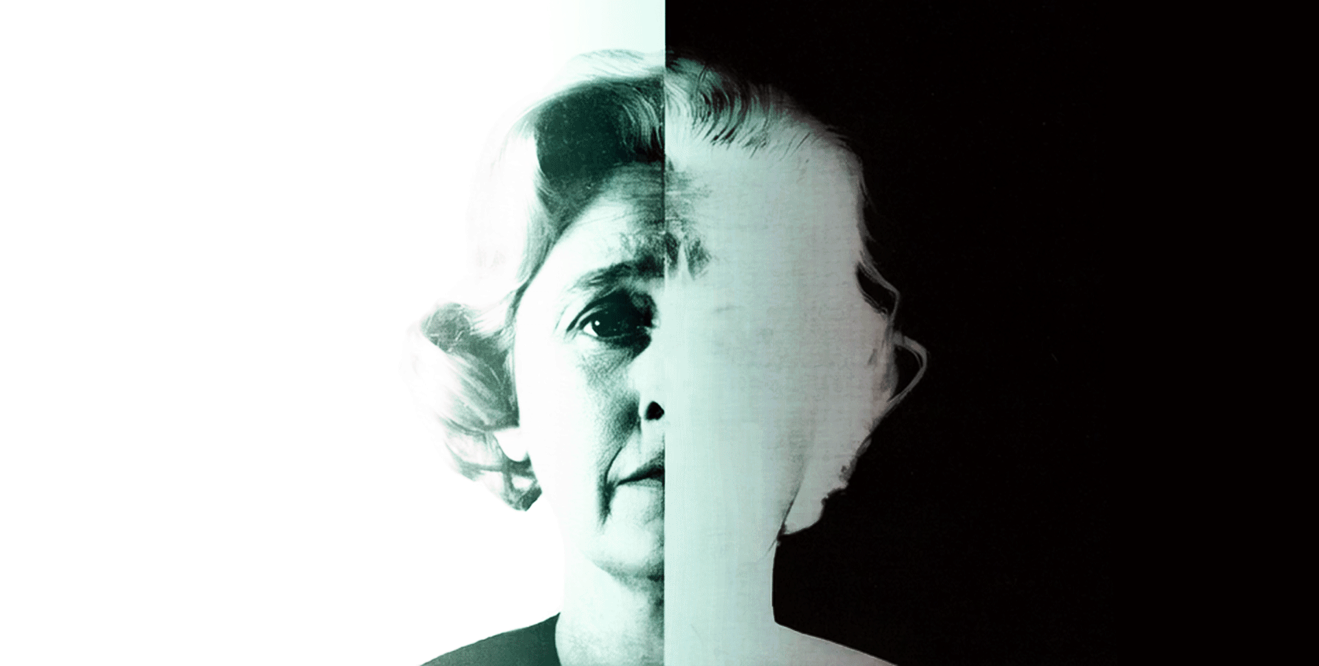 An animated GIF of a mature woman's face moving in phased segments horizontally. 