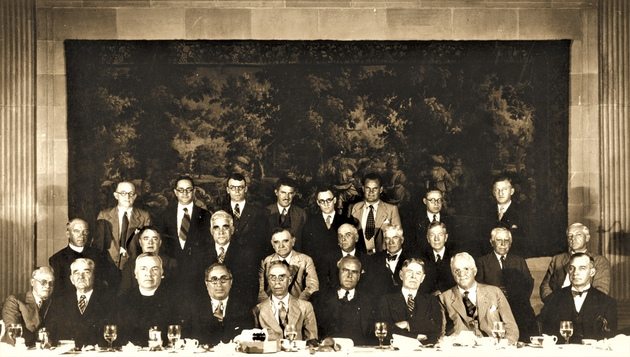 Joseph A. Sullivan, S.J., (front, third from left) hosted a dinner with Hollywood leaders as part of his campaign to move Loyola to Westchester.